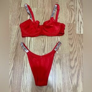 Victoria’s Secret red shine strap bikini set 34 D top, bottom Small